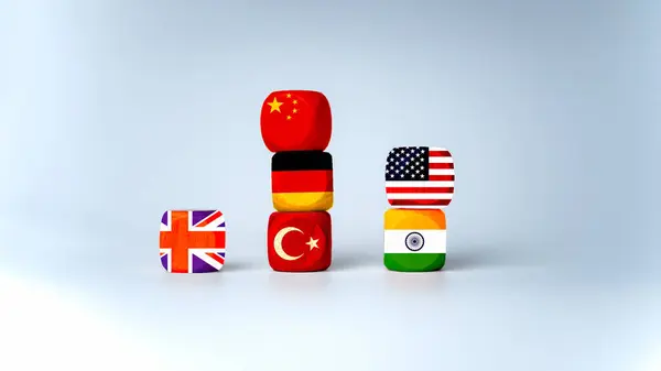 stock image Screen printed USA flag and China flag on wooden cube, showing trade competition and tariff barriers, trade war between USA and China, global trade competition.