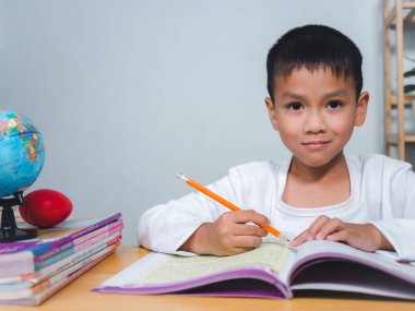 Eğitim, Çocukluk, İnsanlar, Ödev ve Okul Konsepti. Evde kitap yazan öğrenci, evde oturup ders çalışmayı öğrenen öğrenci..