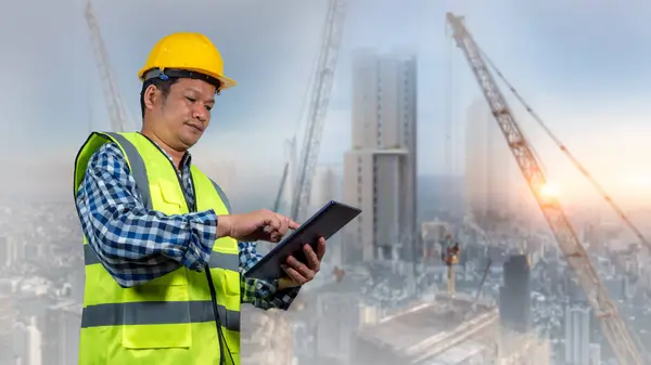 stock image A man wearing a yellow vest and a hard hat is looking at a tablet. The tablet is displaying a construction site with cranes and buildings. The man is focused on the tablet.