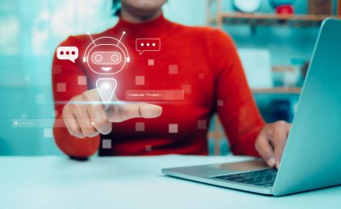 Business Woman, yapay zeka, makine öğrenme, yapay zeka, yapay zeka, yapay zeka, iş analizinde yapay zeka ağı gibi soruları ve cevapları gösteren sanal bir robota el ile dokunuyor..