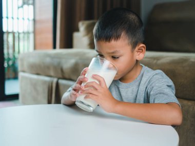 Pembe tişörtlü küçük yakışıklı bir çocuğun portresi, mutlu beslenme anlayışı, gri arka planda bir bardak süt tutması, bir bardak sütle gülümseyen Asyalı bir çocuğun gülümsemesi..