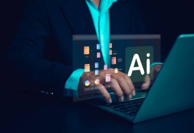 Ticareti daha verimli hale getirmek için yapay zeka kullanan iş adamı, gelecekteki iş, IOT, Innovation ve gelecekteki yapay zeka veya yapay zeka teknolojisini kullanıyor..