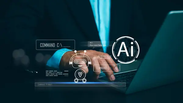 İş adamı, yapay zeka, makine öğrenmesi, yapay zeka, yapay zeka, iş analizinde yapay zeka, sohbet robotu gibi soruları ve cevapları gösteren sanal bir robota el ile dokunuyor..