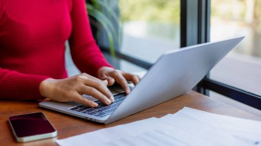 Projenin finansmanını incelemek için dizüstü bilgisayarda yeni bir girişim üzerinde çalışan kadınlar, ofiste çalışırken elinde kalem tutan kadınlar, fotoğraf çeken kadınların elleri, grafikleri ve iş verilerini analiz etmek için kalem kullanıyor..