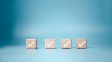 Kontrol Listesi, Görev Listesi, İşlem Başarısı, Çözüm Çözümü, Görev Tamamlandı, İnceleme ve Değerlendirme ve Oy Verme, Kalite Kontrol, Hedef Başarı İş, Tahta bloklardaki Beyaz Doğru İşaretleme. 