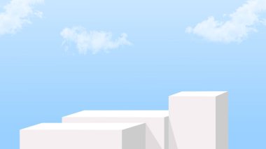 Mavi gökyüzü üzerinde beyaz bulutlu beyaz podyum ve reklamcılık için beyaz podyum, Sahne Nature, bina duvarı olan gökyüzü, satılık ürün sunumu için 3D model, Gökyüzü arkaplanı