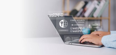 Siber güvenlik ağı, Veri Koruma konsepti, İş adamı internet teknolojisi ağına dijital asma kilitli dizüstü bilgisayar kullanarak bulut bilgisayarı ve veri yönetimi, siber güvenlik.