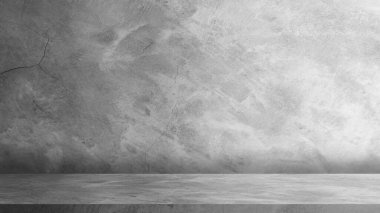 Boş gri beton duvar tabanı ve duvar odası çatı katı tarzı, lüks arka plan, gölgeli çimento desenli tavan arası tarzının perspektif arka planı, serbest alan üzerinde ürün ve metin sunumu.