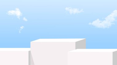 Beyaz podyum, beyaz bulutlu mavi gökyüzünde ürün gösterimi ve reklamcılık için beyaz podyum, 3D ürün sunumu için maket tezgahı, Gökyüzü arka planı, Sahne Doğa, bina duvarı olan Gökyüzü