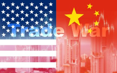 ABD ve Çin arasındaki savaş sembolleri, ABD ve Çin arasındaki gümrük bariyerleri, çatlamış beton arka plan, ABD ve Çin ticaret savaşı, ABD ve Çin ticaret ilişkileri, gümrük vergisi savaş vergisi sembolü.