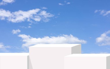 Mavi gökyüzü altında 3 boyutlu beyaz podyum ve kabarık bulutlar, yaz kozmetik markalaşması, ürün sunumu veya cilt reklamı için mükemmel. Mevsimsel pazarlama görselleri için temiz minimal tasarım.