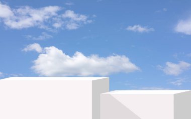 Mavi gökyüzü ve kabarık bulutlu zarif 3D beyaz podyum sahnesi yaz kozmetik ürünleri sergisi için mükemmel cilt reklamı ya da temiz ve ferahlatıcı sezonluk pazarlama kampanyaları..