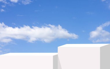 Açık mavi gökyüzüne ve yumuşak bulutlara karşı minimum 3 boyutlu beyaz podyum, yaz cilt bakımını, güzellik ürünlerini veya mevsimlik markalaşmayı taze, temiz ve doğal bir şekilde sergilemek için idealdir..