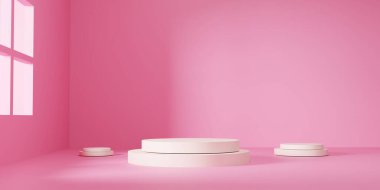 Yumuşak gölgeli pembe pastel arka planda minimal podyum güzellik, kozmetik ve moda markaları için mükemmel. Ürün modellemeleri ve yaratıcı reklamlar için zarif bir aşama. 3B Harmanlama.