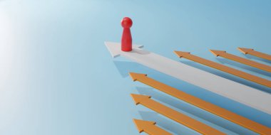 Kazanan cesur beyaz bir okun üzerinde durur, yönü, zaferi ve başarıyı sembolize eder. Liderlik, başarı ve iş, spor ve kişisel gelişim kavramları için mükemmel..