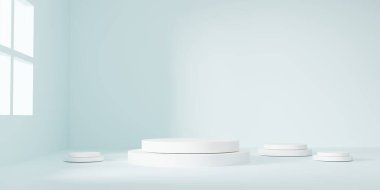 Açık yeşil pastel arka planda minimum beyaz podyum, yumuşak gölgeler, güzellik, kozmetik ve moda markalaşması için mükemmel. Ürün modellemeleri ve yaratıcı reklamlar için zarif bir aşama. 3B Harmanlama.