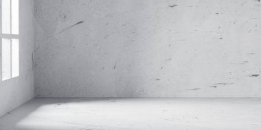 Ham dokusu ve yumuşak yan ışıklandırmasıyla minimalist beton oda endüstriyel bir arka plan yaratır. Mimarlık için mükemmel, ürün sunumları, markalaşma sahnesi, modern iç tasarım.