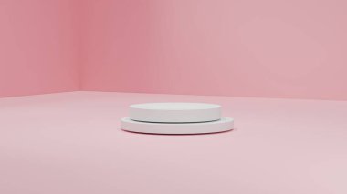 Modern ürün ekran platformu teknolojiye kozmetik, beyaz yuvarlak podyum açık pembe arka plan üzerinde duruyor, yumuşak, dağınık ışıklandırma, sunumlarda sadeleştirme basitliği.