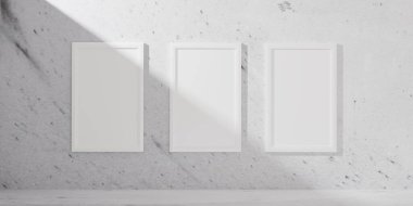 Üç boyutlu bir minimalist oda ve desenli bir duvarda üç tane dikey beyaz poster çerçevesi. Temiz, modern bir iç mekan. Şık bir ortamda sergilenecek izler, sanat eserleri veya yaratıcı gösteriler için mükemmel..
