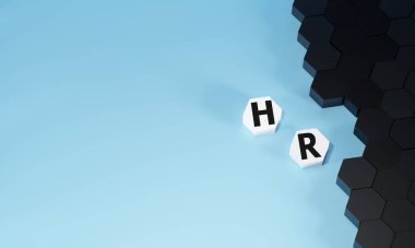 Beyaz altıgen blok HR bir arkaplan koyu altıgen karşı durmaktadır, sembolize İnsan Kaynakları, yetenek kazanma ve stratejik personel yönetimi modern, organize bir bağlamda.