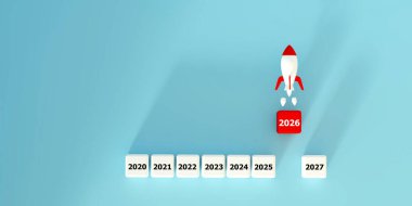 Bir iş fırlatma konseptinin dinamik 3D canlandırması, bir roket 2026 bloğundan yükseliyor. Gelecekteki büyüme, yenilik, başarı, stratejik planlama, pazarlama ve iş görselleri için mükemmelliği simgeler.