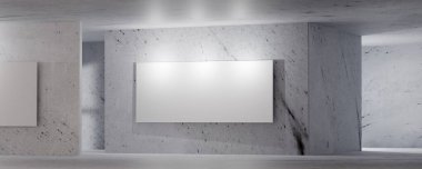 3 boyutlu sanayi tipi beton oda, boş beyaz bir afiş, minimalist iç tasarım, yumuşak ortam aydınlatması, geometrik yapı. Mimarlık, geçmiş ve markalaşma için mükemmel..