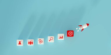 Bir roket ve simge blokları ile üç boyutlu illüstrasyon ticari büyüme, yenilik, takım çalışması, asgari açık mavi arka plan, pazarlama ve liderlik kavramlarına karşı stratejik planlamayı sembolize eder.