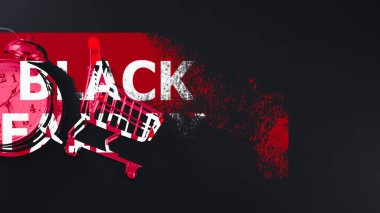 Kara Cuma 'nın çarpıcı bir görsel temsili bir alışveriş arabası ve alarm saatiyle kırmızı parçacıklara ayrılarak arka planda erimesi acil ve sınırlı zaman satışlarını sembolize ediyor..