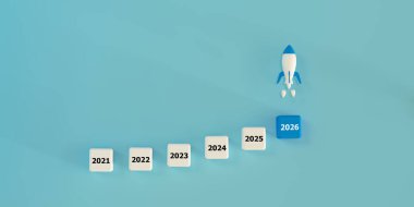 Gelecekteki hedefler, stratejik iş büyümesi ve kilometre taşı başarısı. 2026 'da planlama, hırs ve vizyon sahibi bir başarı için mükemmel bir görüntü. Roket fırlatılışı 2026 blok yükselen yıl küplerinden.