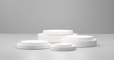 Ürün gösterimi, markalaşması ya da sunumu için gri arka planda minimum beyaz podyum sahnesi. Model, pazarlama ve ticari kullanım için yumuşak ışıklandırma ile boş 3B silindir kaidesi.