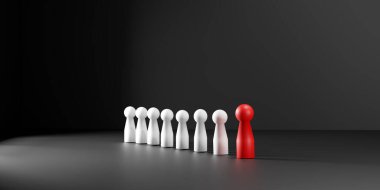 Üç boyutlu liderlik ve yetenek yönetimi kavramı. Kalabalığın önünde duran kırmızı ahşap bir figür. İK, takım çalışması performansı, işe alım ve iş büyümesi görselleri için harika..