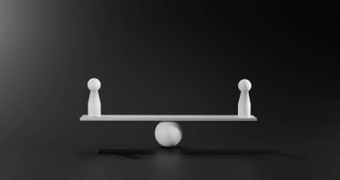 Eşitlik, eşitlik, güç dengesi ya da iş dünyasındaki nüfuz dengesi, ilişkiler, hukuki meseleler, kişisel büyüme, stratejik dengeyi vurgulamak, tahterevallinin üzerinde dengelenmiş iki beyaz oyuncak bebek..