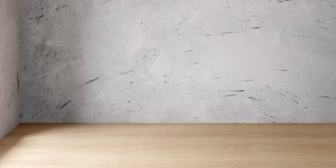 3 boyutlu temiz, minimalist bir iç köşe, desenli gri beton duvar ve açık ahşap zemin, ürün fotoğrafçılığı veya modern mimari tasarım için mükemmel çok yönlü boş alan yaratıyor.