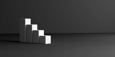 Yukarı doğru kayan beyaz sütun çubuk grafiği ile temsil edilen koyu griden siyah minimalist stüdyo arkaplanına doğru eğilim veya düşüş. 3D görselleştirme pazar eğilimi veya zorlu iş