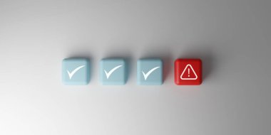 Kalite kontrolü, risk yönetimi, hata tespiti ve iş süreçlerindeki sorun tanımlaması 3D mavi kontrol işaretleri ve bir kırmızı uyarı simgesi.