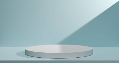 Mini minimalist yuvarlak podyumun çarpıcı diyagonal ışık ve gölgesiyle soluk mavi arkaplan üzerinde zarif bir 3D canlandırması. Ürün sunumu, kozmetik modelleme ve soyut geometrik tasarım için mükemmel..