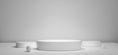 Beyaz silindirik kaidesi ve temiz arka planda yumurtaları olan minimum 3 boyutlu ürün sergisi, reklam, kozmetik markalaşma, ambalaj modeli ve zarif ürün vitrini için mükemmel..