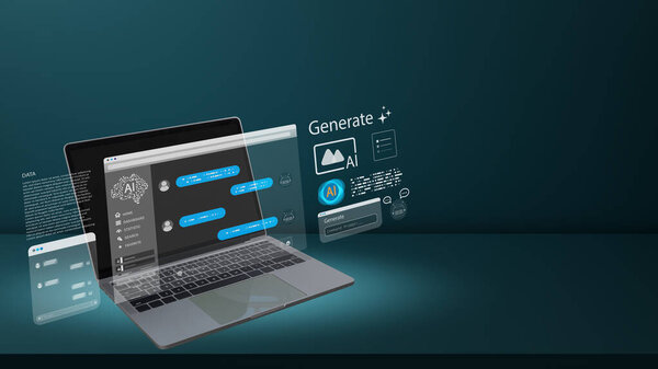 Laptop with futuristic AI-powered chat interface and creative generation tools floating in digital space, concept of artificial intelligence, chatbot communication, and modern technological innovation.
