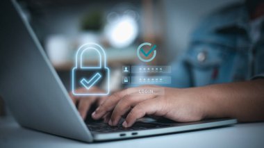 Cybersecurity login authentication concept with password protection on laptop. Data privacy, digital security, user access verification and safe online identity management.