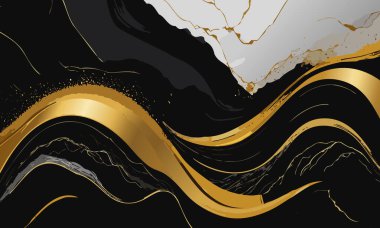 Siyah ve altından oluşan soyut bir arkaplan dalga mermer efekti, lüks, soyut sıvı yüksek çözünürlüklü arka planda siyah arka planda akan sanat resmi..
