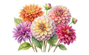 Suluboya Dahlia çiçekleri, botanik el çizimleri, renkli çiçekler.