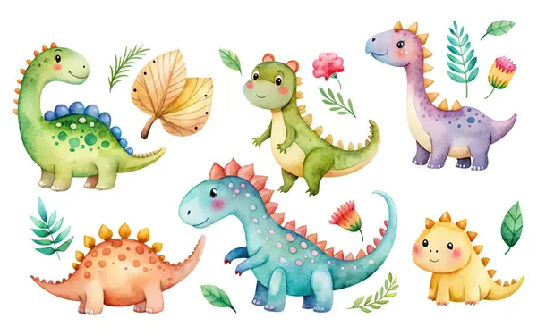Beyaz arkaplan vektör illüstrasyonunda komik suluboya dinozor seti