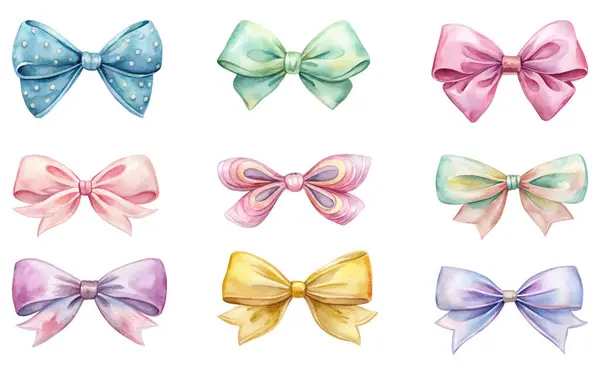 suluboya Coquette Bow set Clipart Grafik üzerine beyaz arkaplan, vektör illüstrasyonu