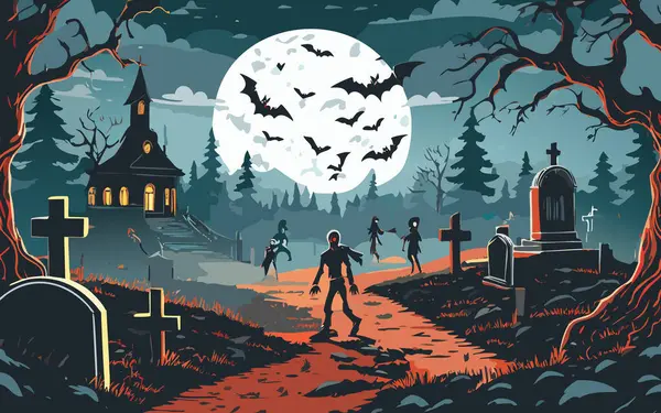 stock vector Halloween background with zombie and walking dead,grave,skeleton for dark fear october design,Creepy and mystical background with cross