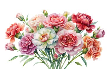 Beyaz arkaplan vektör illüstrasyon klibiyle suluboya karanfili çiçek tasarımı veya vektör süslemeleri