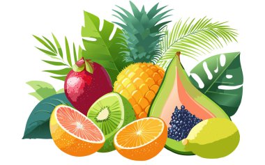 Elma, kivi, avokado ile şirin taze meyve koleksiyonu. Simge, logo, etiket, basılabilir resim için vektör illüstrasyonu