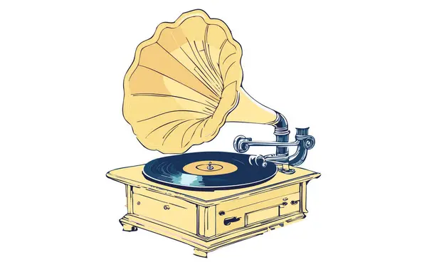 stock vector Gramophone playing a record, line art vector illustration