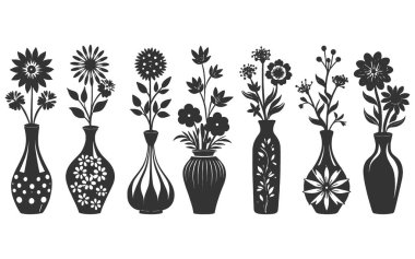 Çiçek vazosu, siyah beyaz siluet çizimi. beyaz arkaplanda.