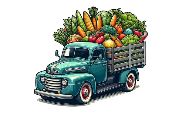 Taze sebze çiftliği illüstrasyonu yüklü Retro kamyon