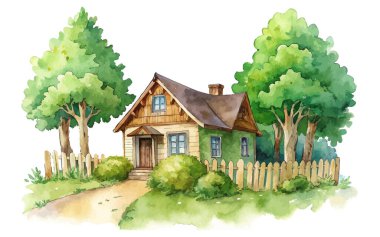 Elle boyanmış ahşap çitli yeşil ağaçlar arasında suluboya kır evi